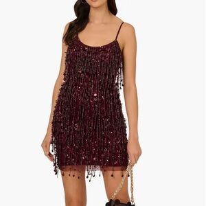 New Beaded Fringe Spaghetti Strap Mini Dress in Burgundy